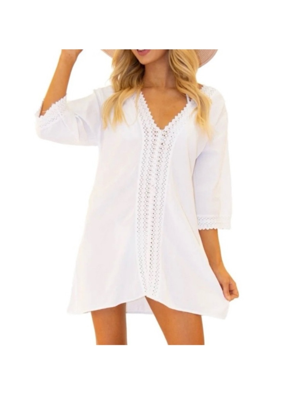 Seaspice Peruvian cotton white tunic swim cover dress resort wear crochet trim M